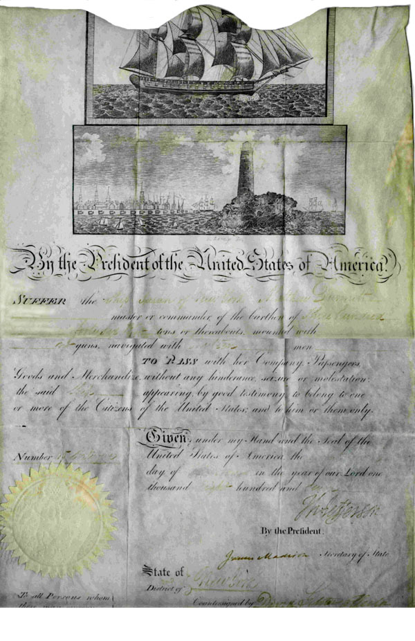 Mediterranean Passport signed by President Thomas Jefferson